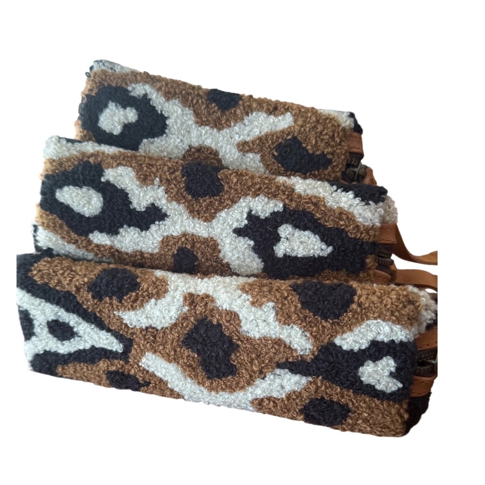 Cleobella Leopard Print Carpet Nesting Cosmetic Pouch Set of 3 Leather Trim Boho - Picture 2 of 10